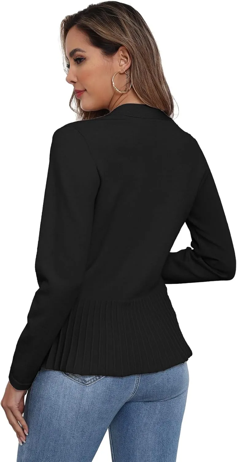 GRECERELLE Women Lightweight Casual Long Sleeves Cropped Cardigan Open Front Peplum Knit Sweater Outwear