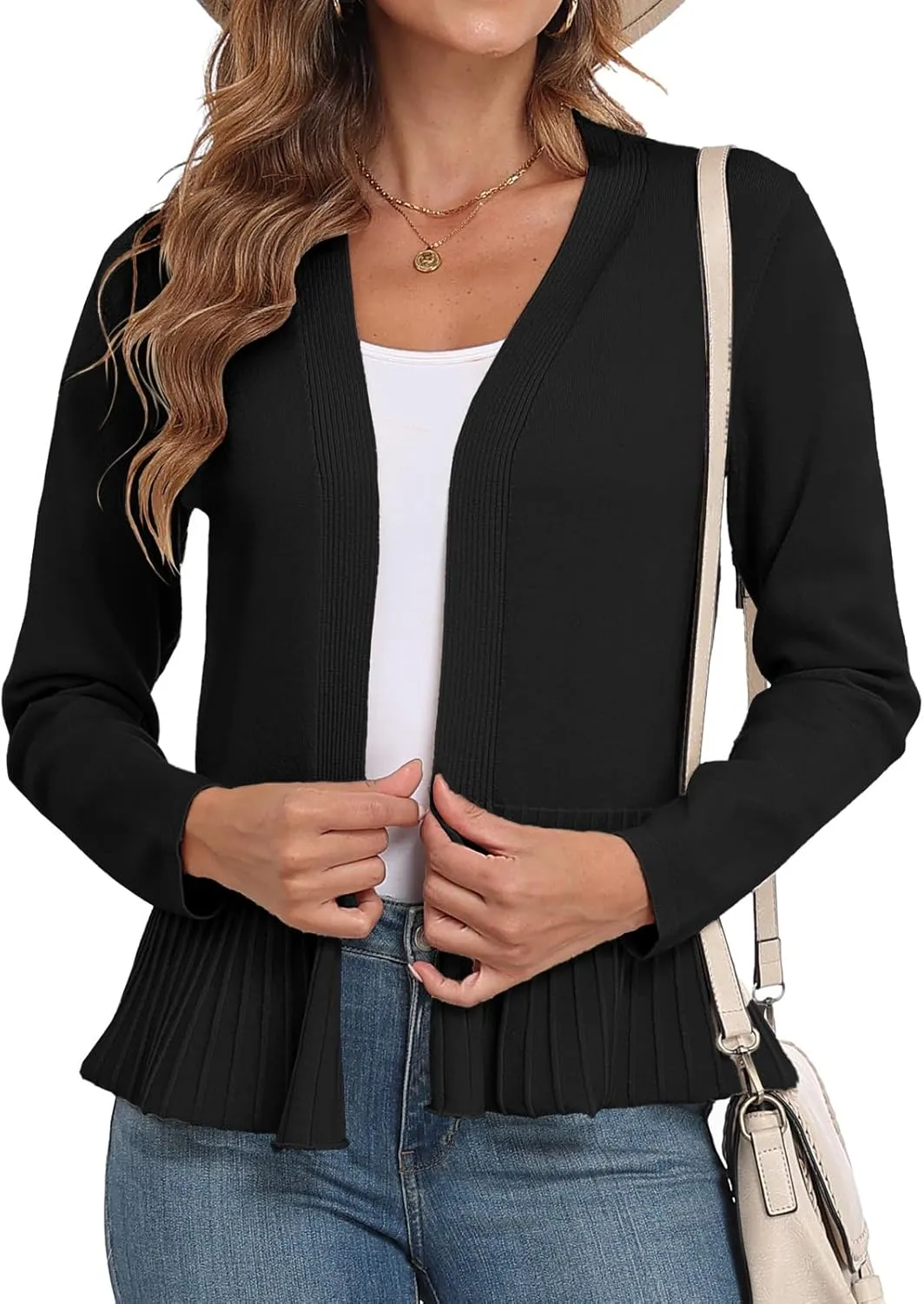 GRECERELLE Women Lightweight Casual Long Sleeves Cropped Cardigan Open Front Peplum Knit Sweater Outwear