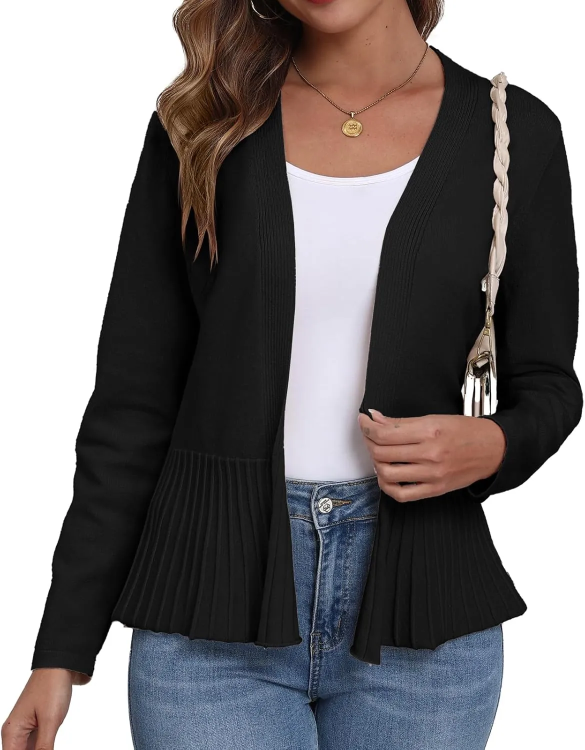 GRECERELLE Women Lightweight Casual Long Sleeves Cropped Cardigan Open Front Peplum Knit Sweater Outwear