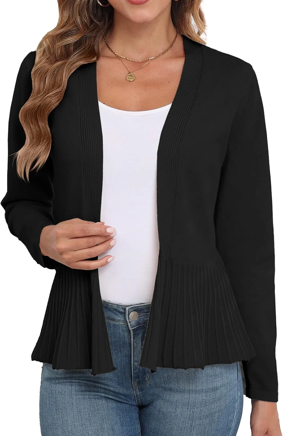 GRECERELLE Women Lightweight Casual Long Sleeves Cropped Cardigan Open Front Peplum Knit Sweater Outwear