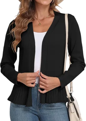 GRECERELLE Women Lightweight Casual Long Sleeves Cropped Cardigan Open Front Peplum Knit Sweater Outwear