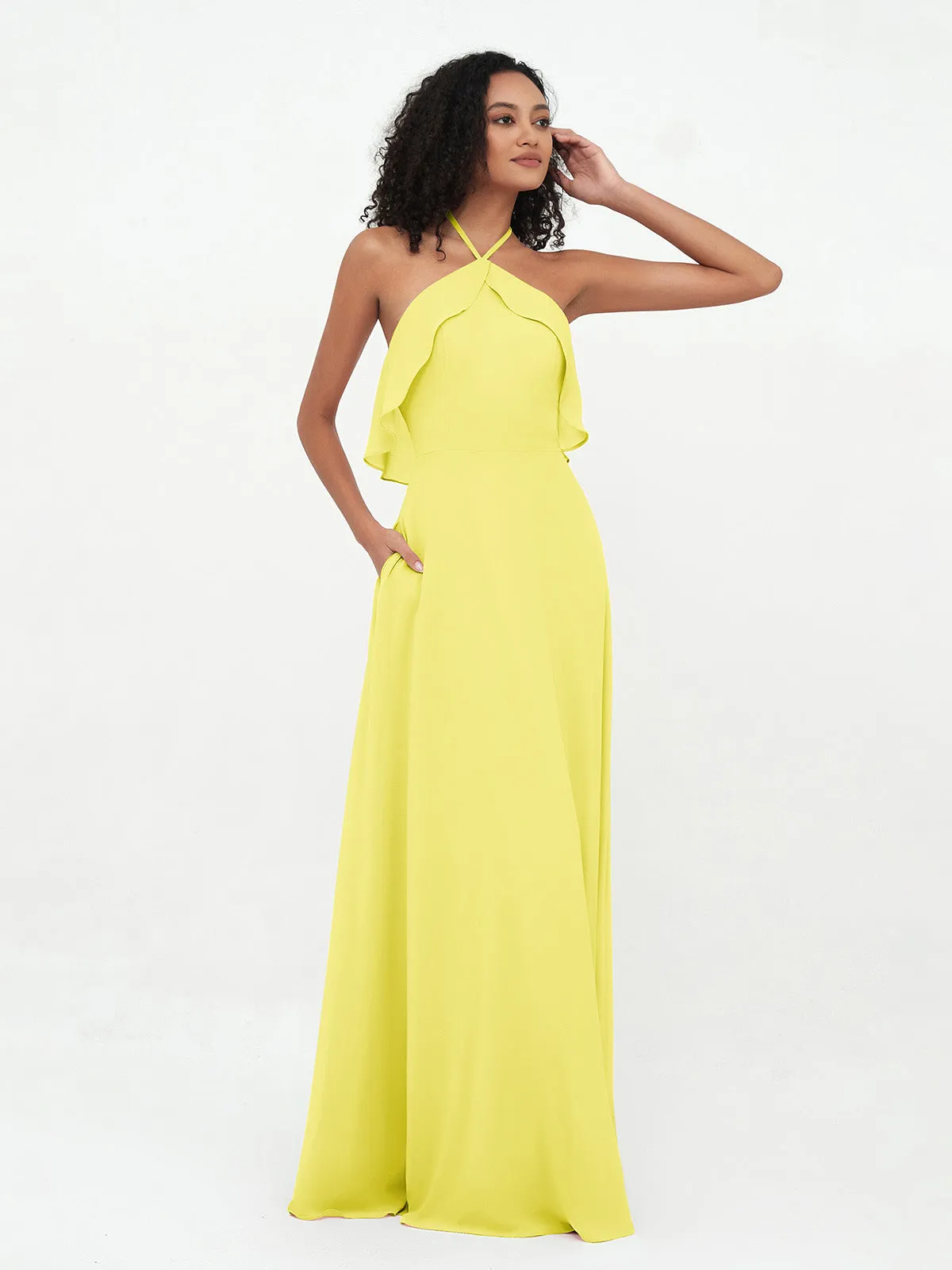 Halter Strap Chiffon Long Bridesmaid Dresses Lemon Plus Size