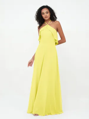 Halter Strap Chiffon Long Bridesmaid Dresses Lemon Plus Size