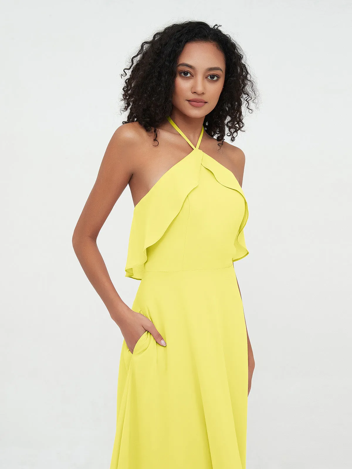 Halter Strap Chiffon Long Bridesmaid Dresses Lemon Plus Size