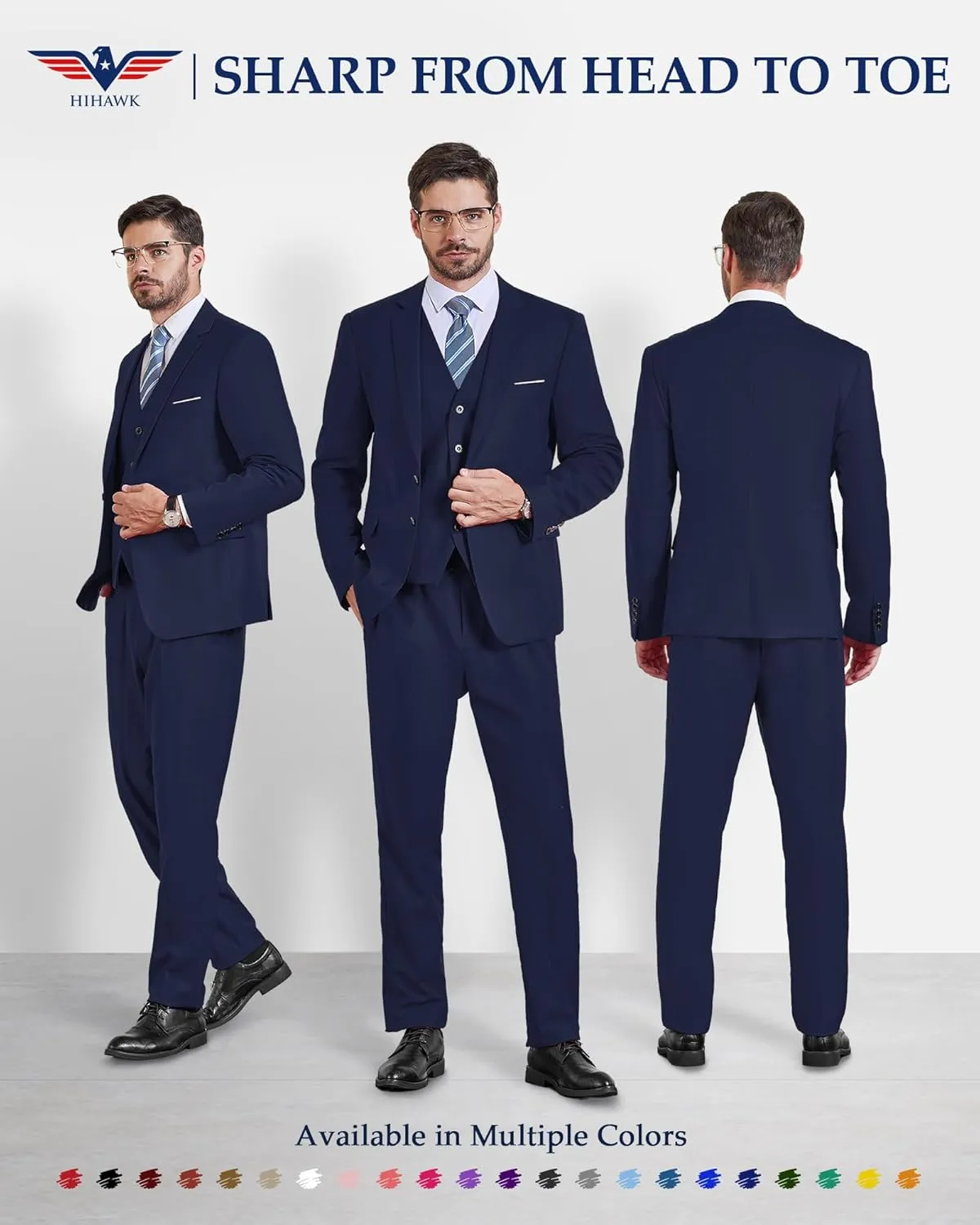 Hihawk Mens 3 Pieces Suit, Slim Fit Tuxedo with Two Buttons, Jacket Vest Pants & Tie Set for Party, Wedding and Business