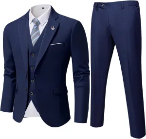Hihawk Mens 3 Pieces Suit, Slim Fit Tuxedo with Two Buttons, Jacket Vest Pants & Tie Set for Party, Wedding and Business