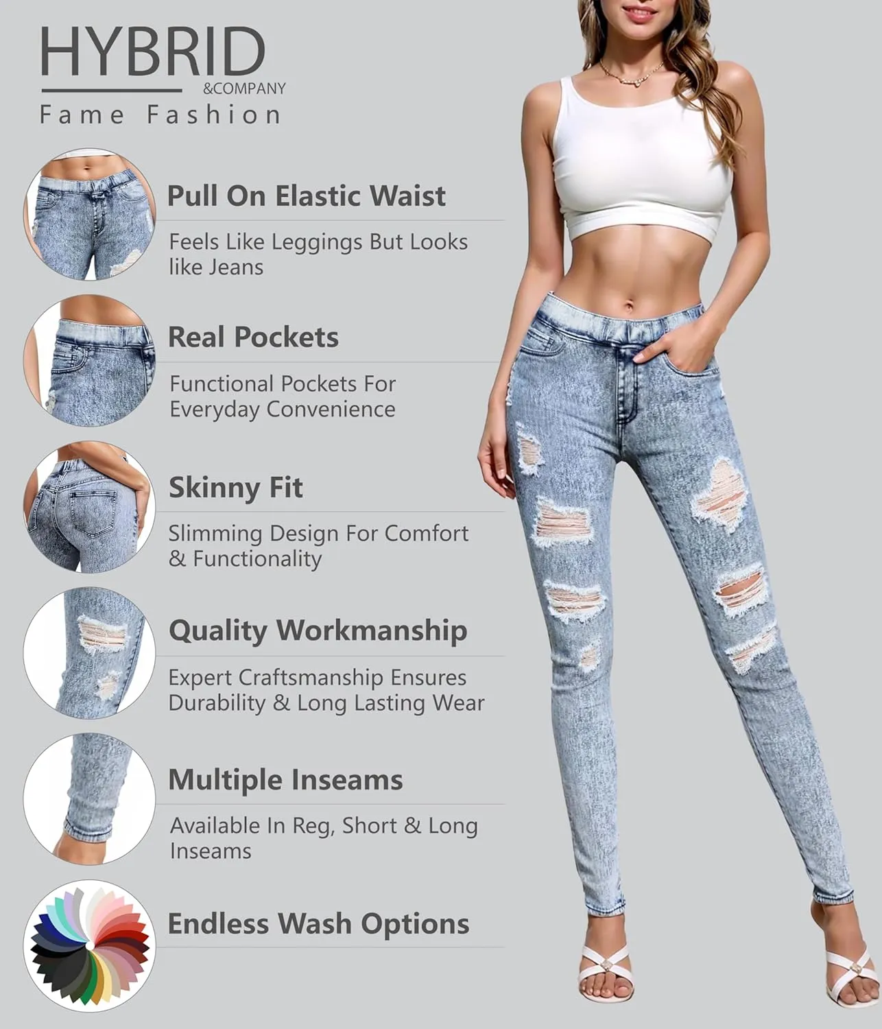 Hybrid & Company Women's Pull On Stretchy Mid Rise Skinny Fit Pants Regular or Distressed Jeans with Long Short Inseam