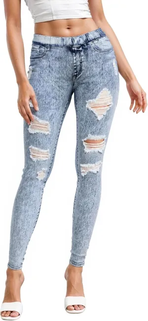 Hybrid & Company Women's Pull On Stretchy Mid Rise Skinny Fit Pants Regular or Distressed Jeans with Long Short Inseam