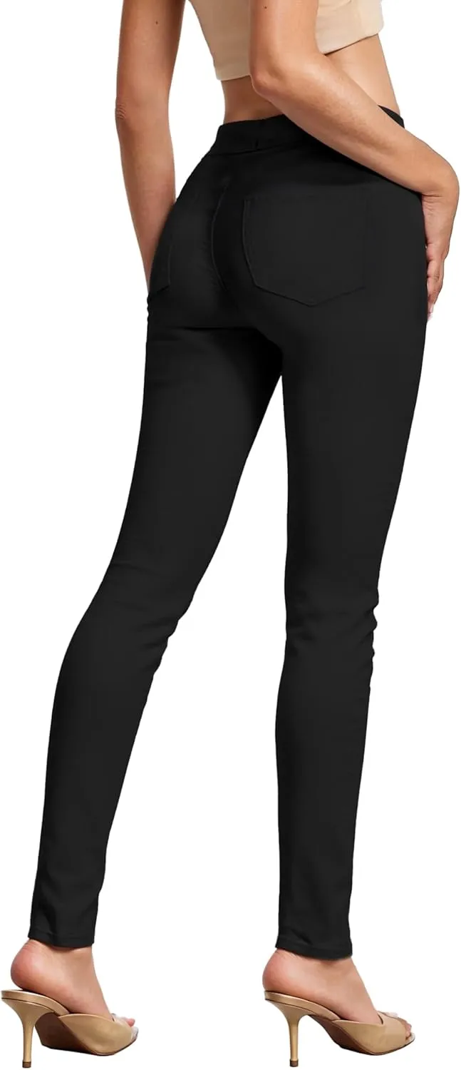 Hybrid & Company Women's Pull On Stretchy Mid Rise Skinny Fit Pants Regular or Distressed Jeans with Long Short Inseam