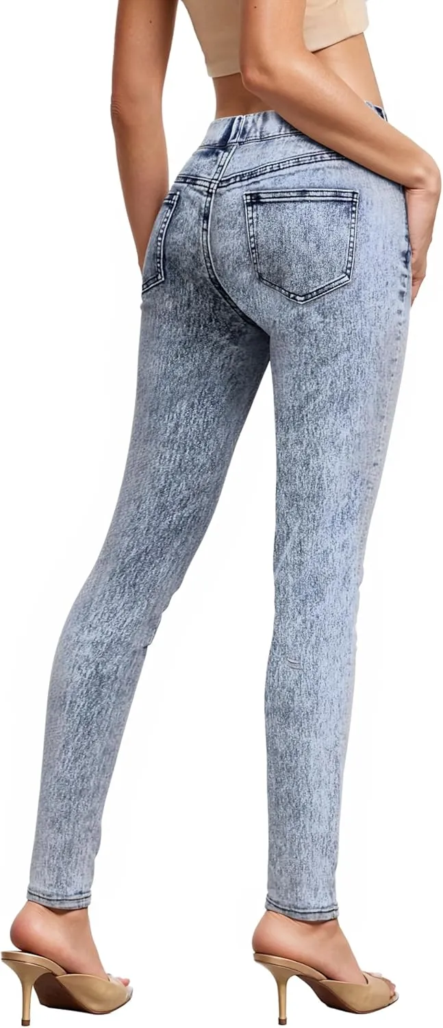 Hybrid & Company Women's Pull On Stretchy Mid Rise Skinny Fit Pants Regular or Distressed Jeans with Long Short Inseam