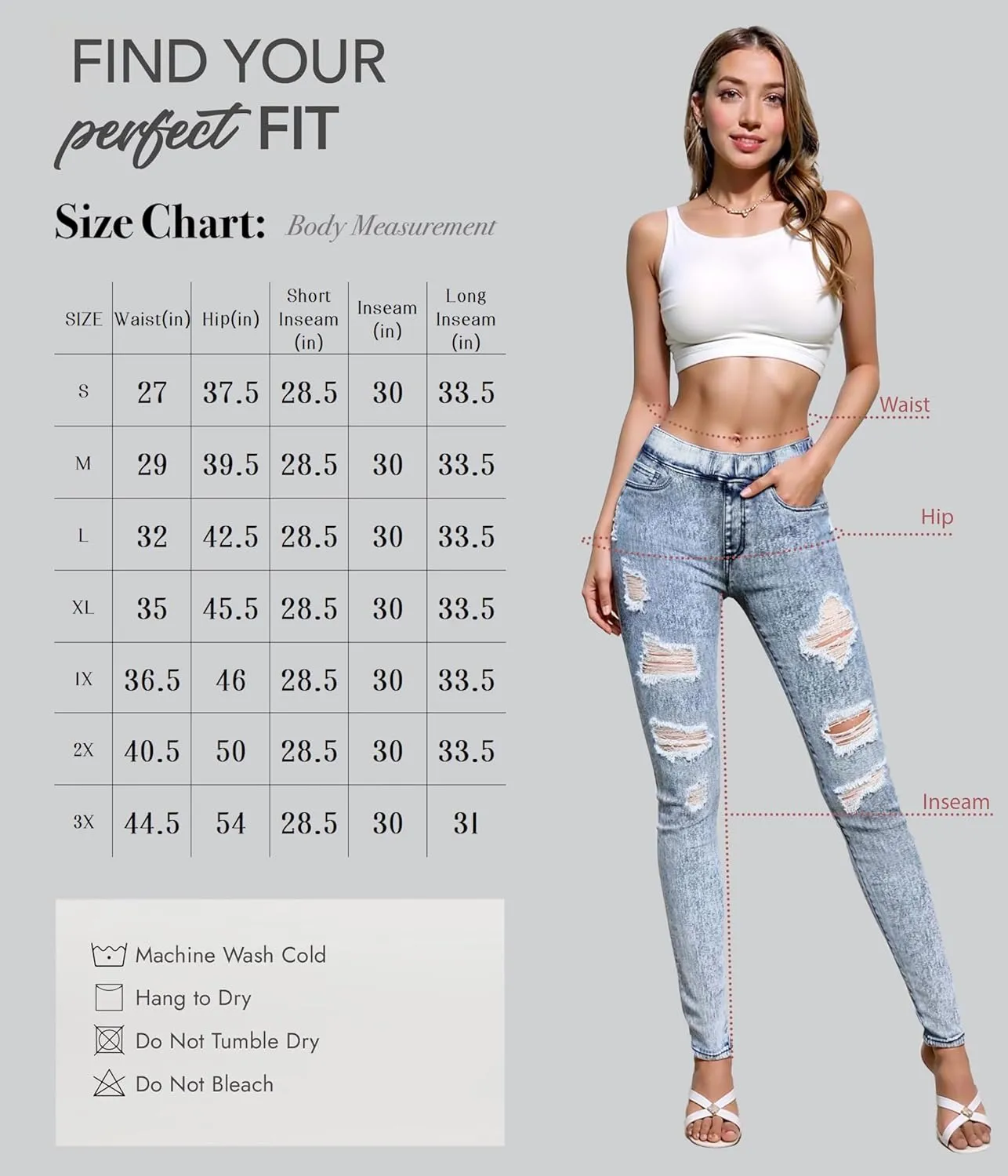 Hybrid & Company Women's Pull On Stretchy Mid Rise Skinny Fit Pants Regular or Distressed Jeans with Long Short Inseam