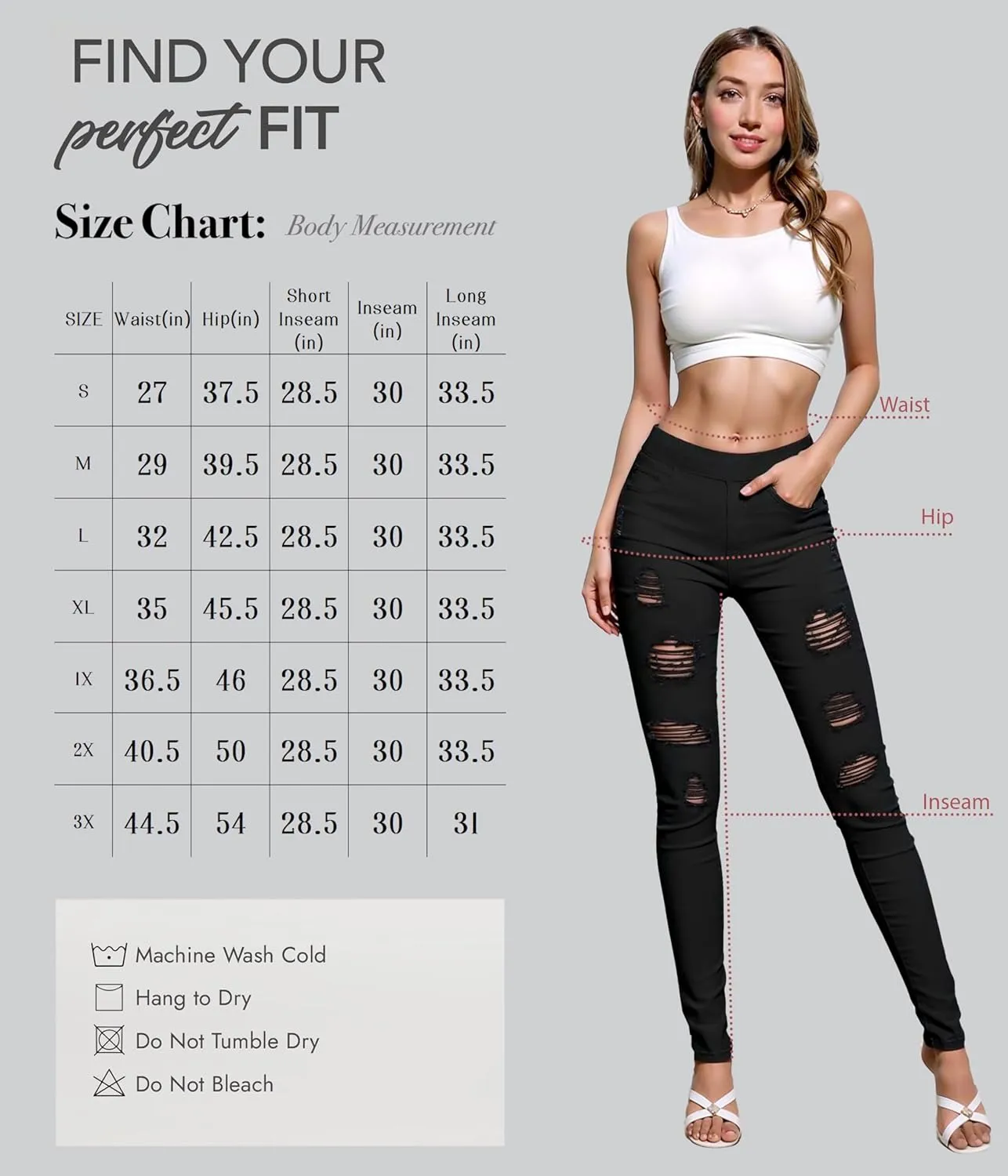 Hybrid & Company Women's Pull On Stretchy Mid Rise Skinny Fit Pants Regular or Distressed Jeans with Long Short Inseam