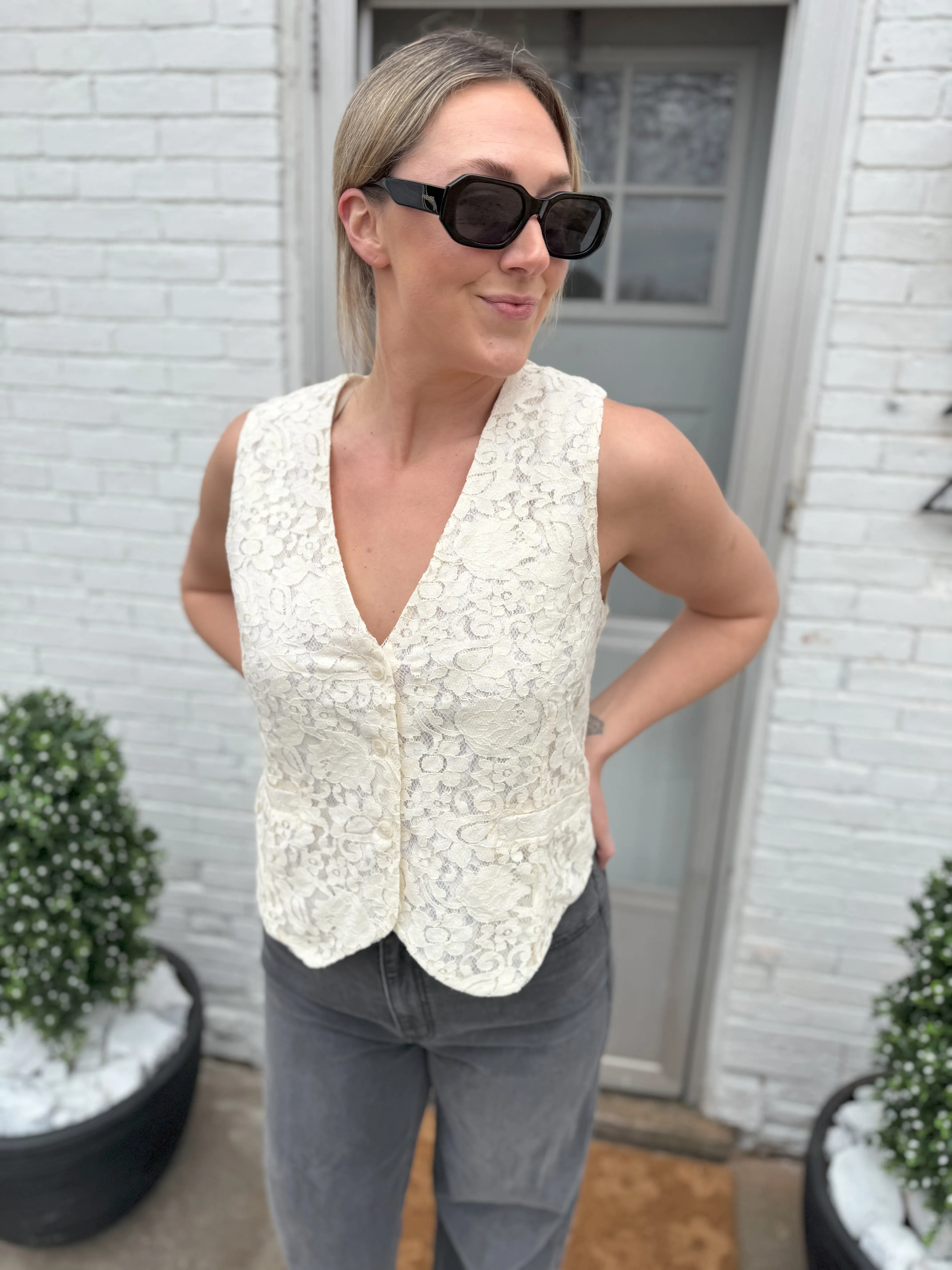 Ivory Lace Tie Back Vest