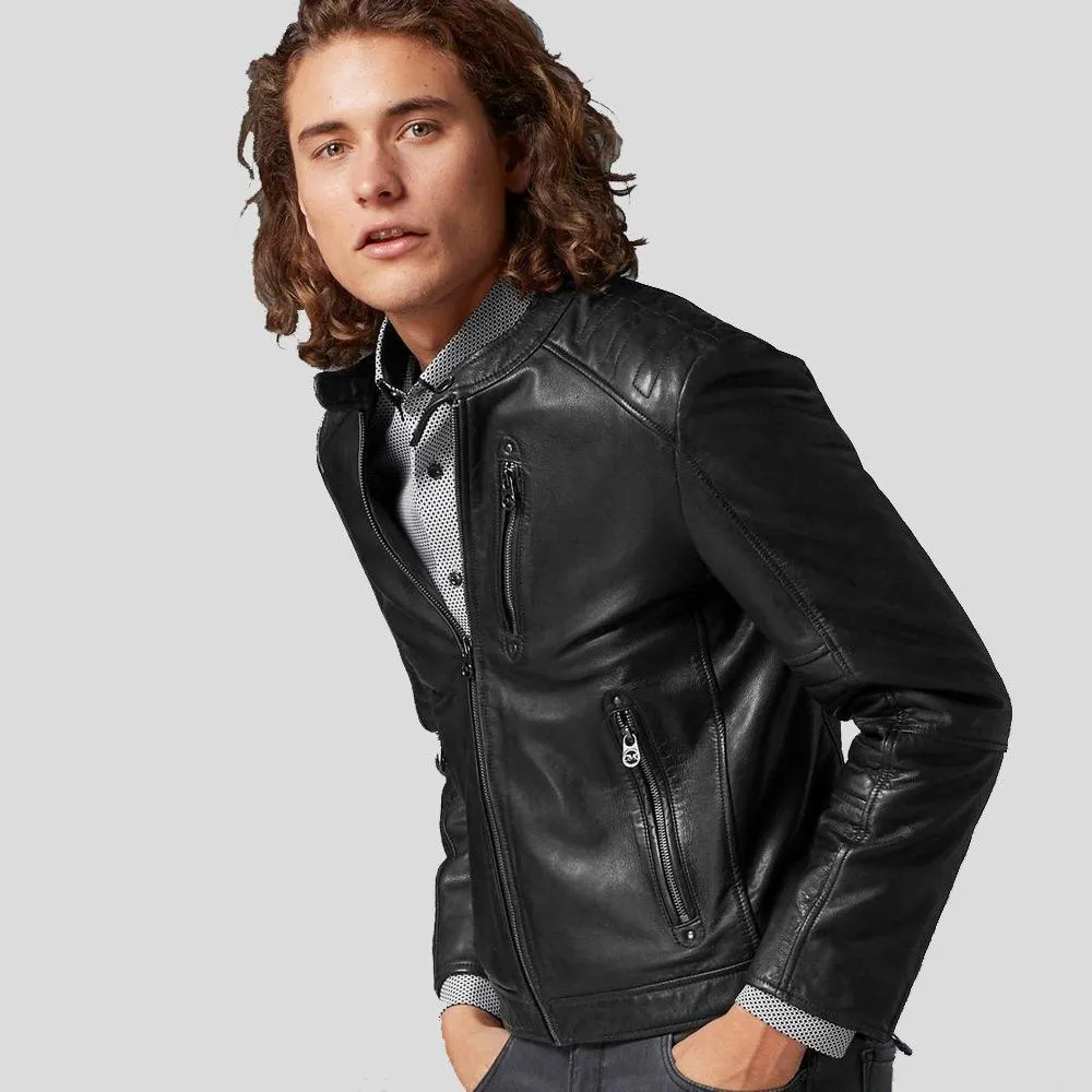 Jake Black Slim Fit Biker Leather Jacket for Men