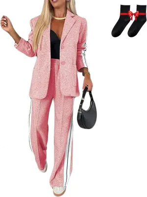 Jasperbelly Women's Lapel Long Sleeve Casual Suit, Jasper Belly Fall Loose Jacket and Wide Leg Pants with Pockets Set