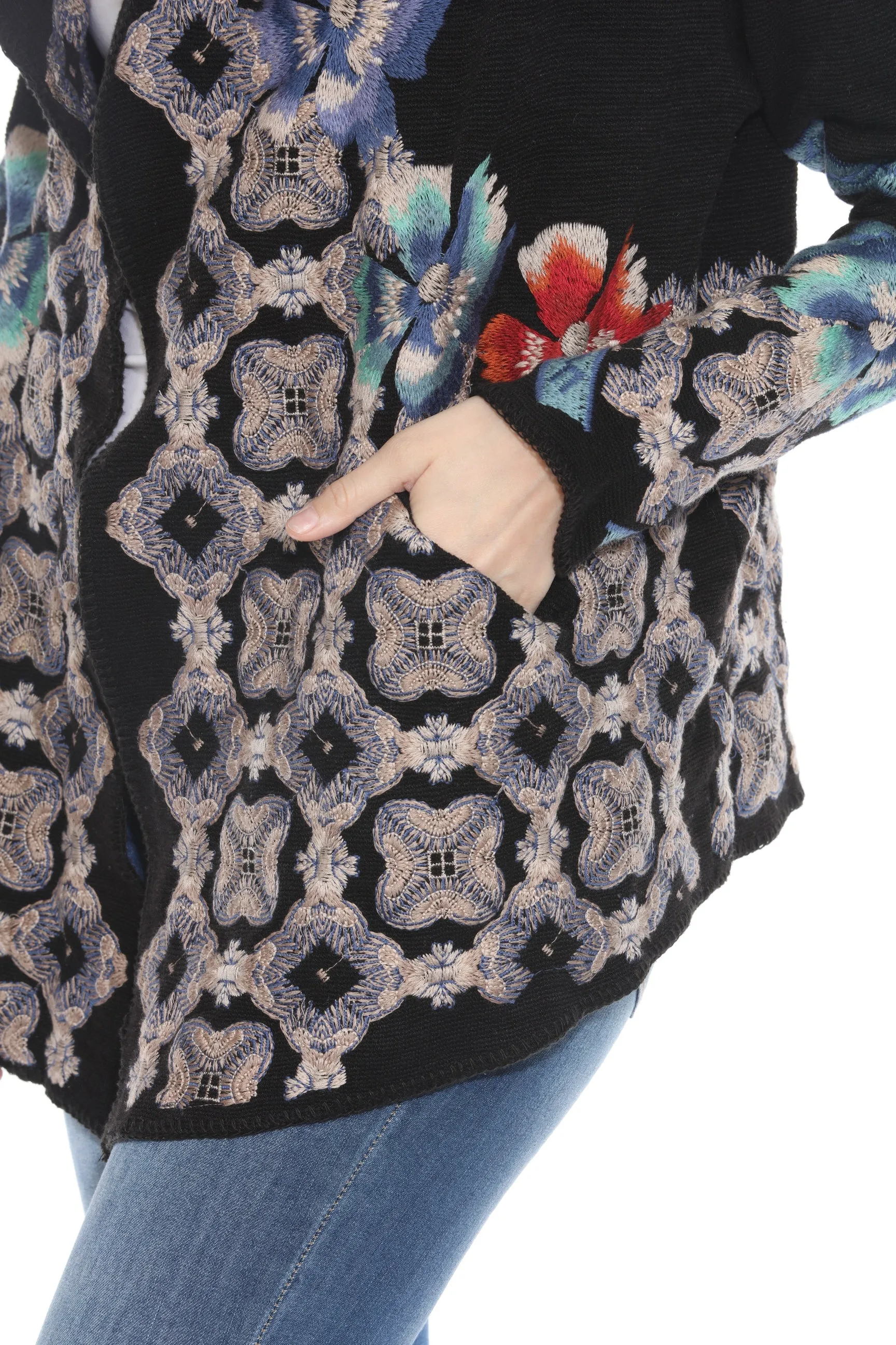 Johnny Was Black Embroidered Hooded Cardigan C70720B2