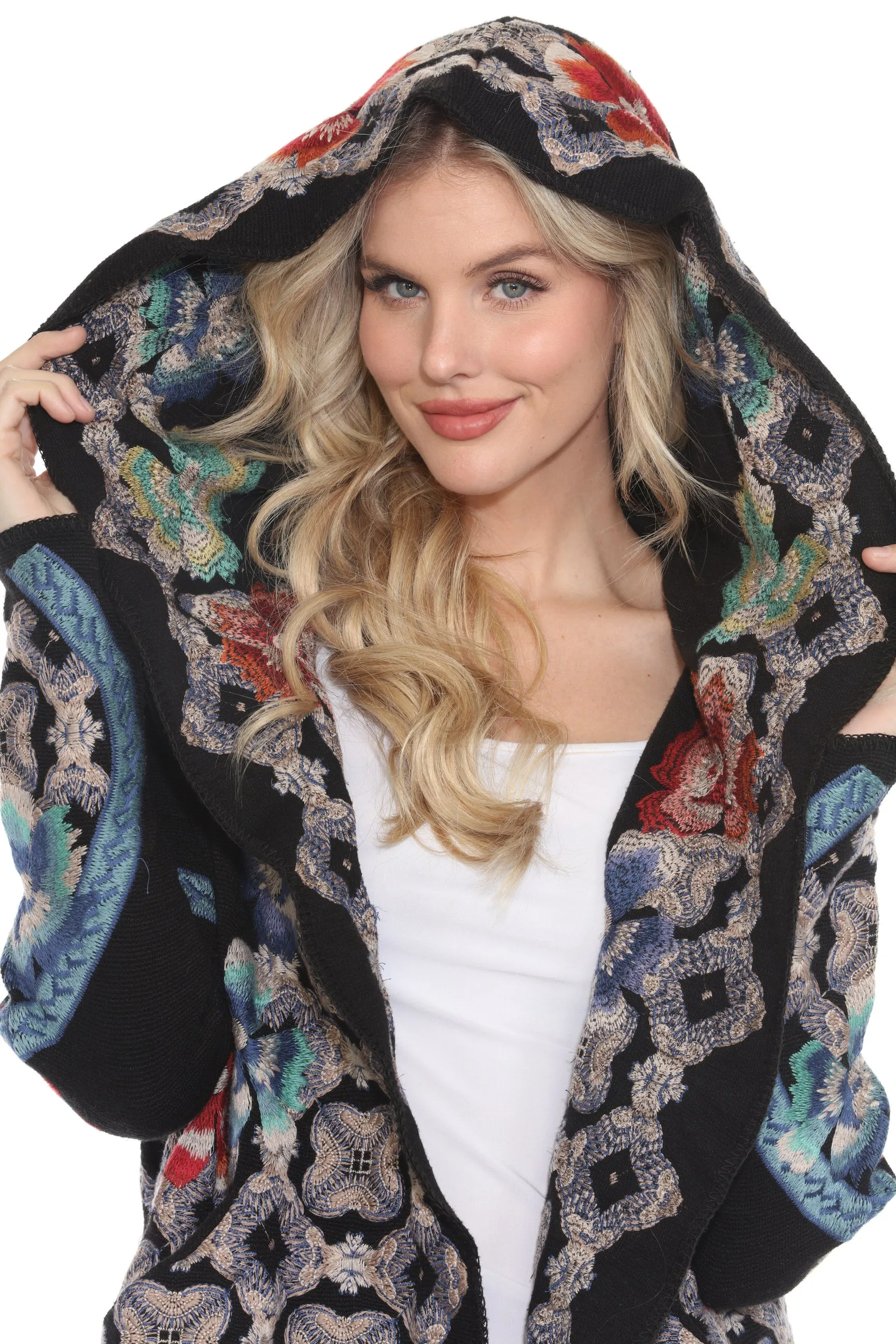 Johnny Was Black Embroidered Hooded Cardigan C70720B2