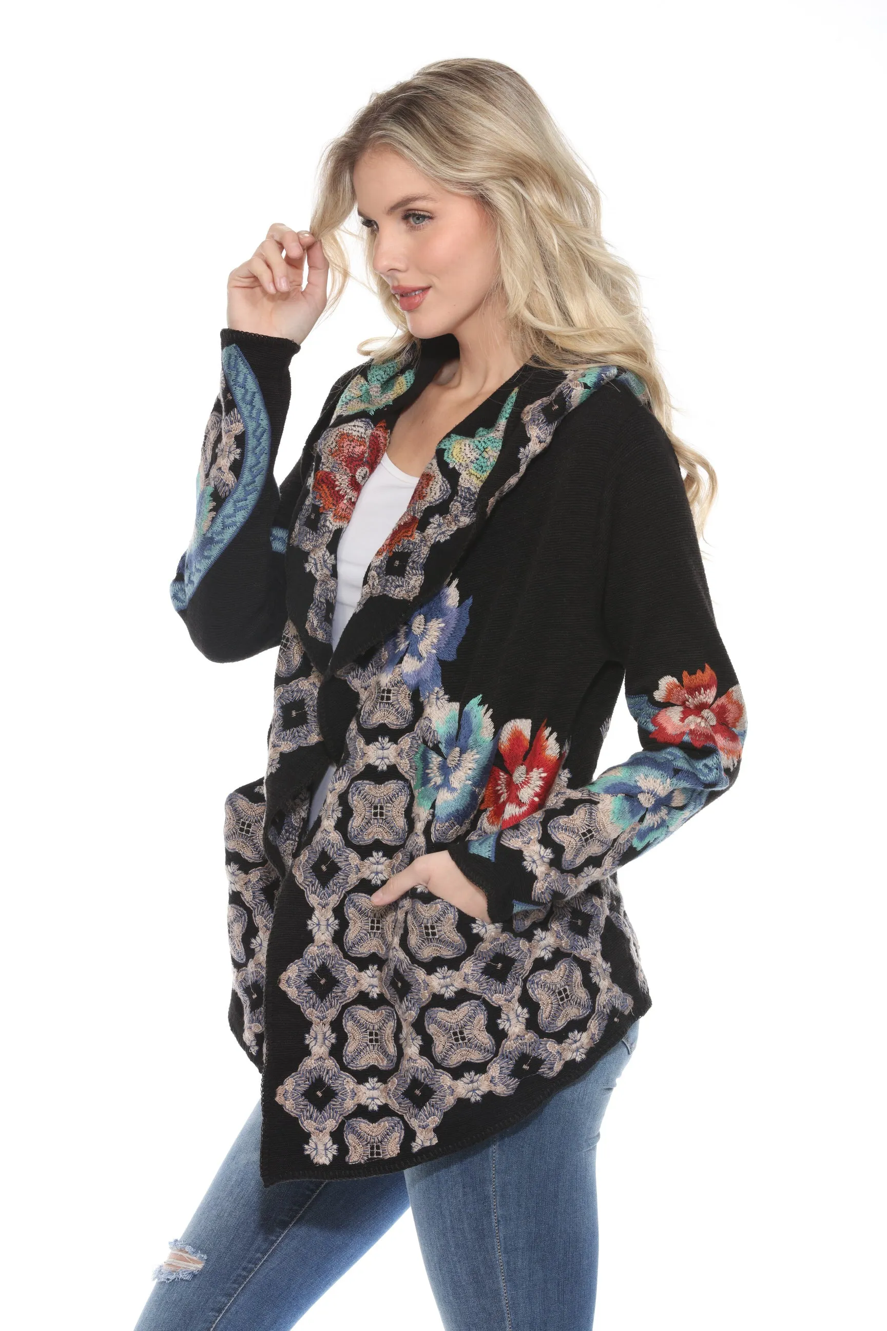 Johnny Was Black Embroidered Hooded Cardigan C70720B2