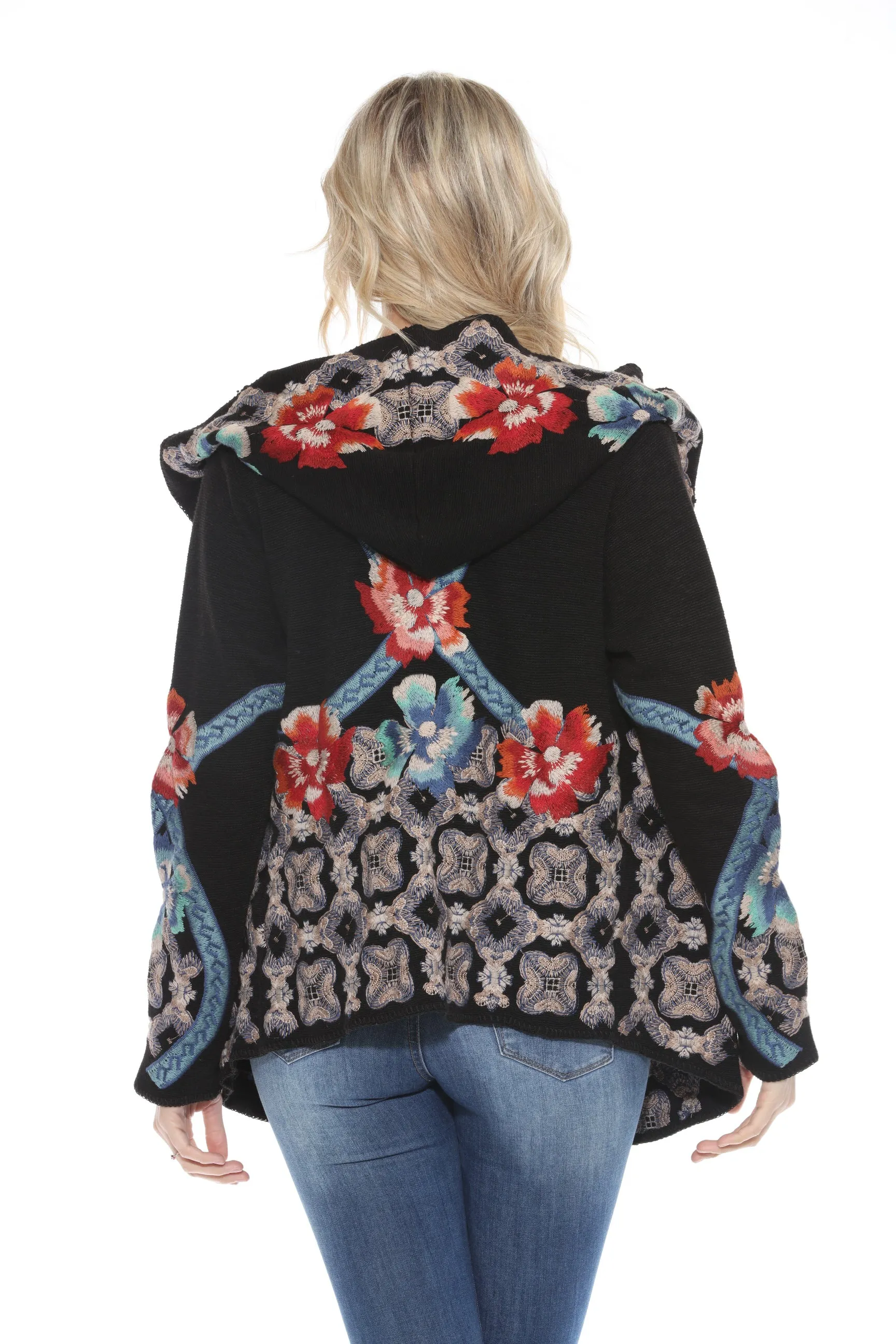 Johnny Was Black Embroidered Hooded Cardigan C70720B2