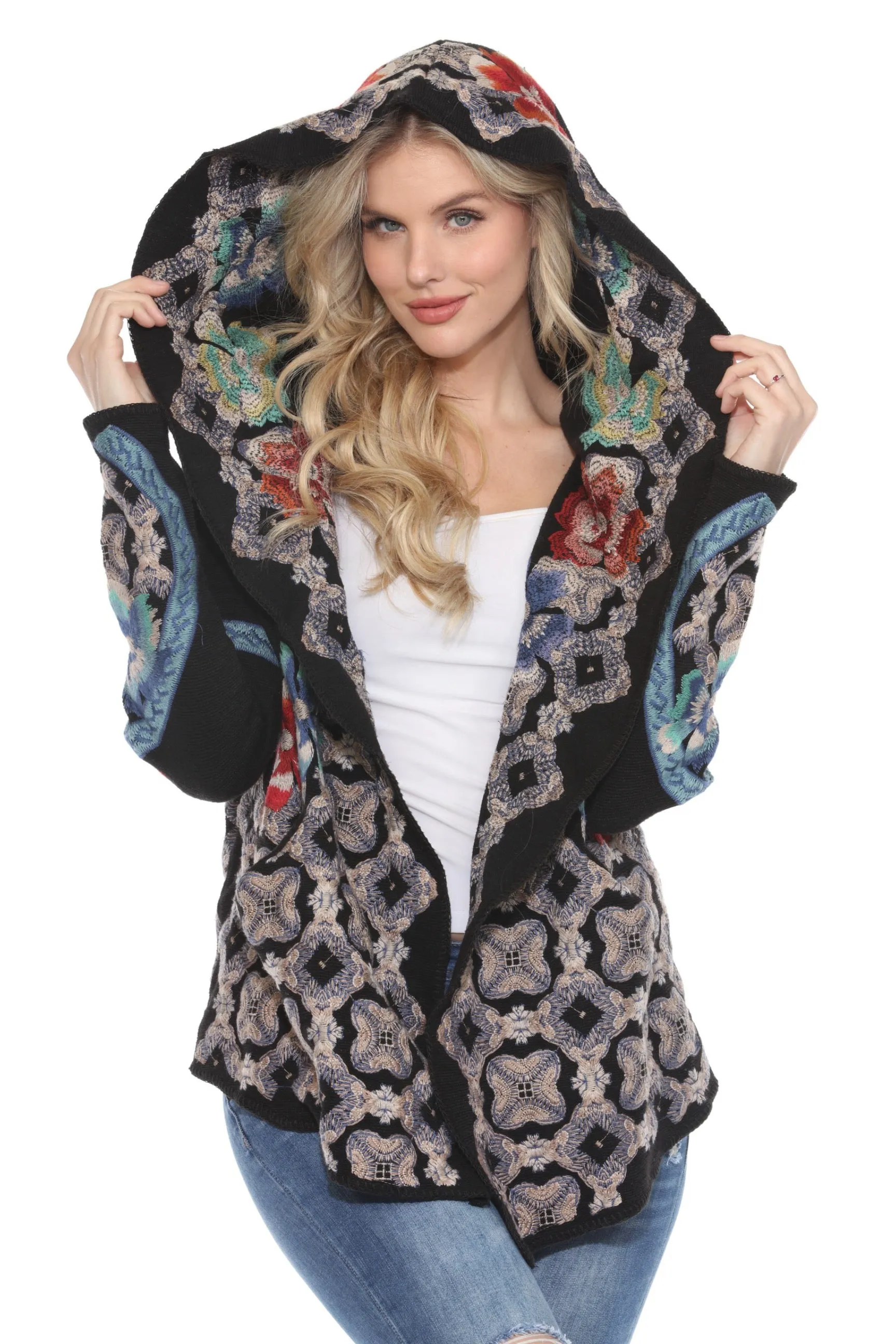 Johnny Was Black Embroidered Hooded Cardigan C70720B2