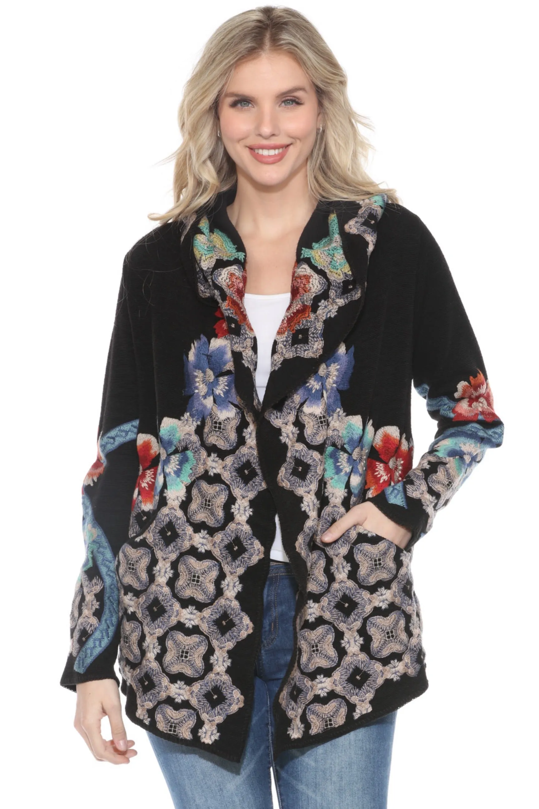 Johnny Was Black Embroidered Hooded Cardigan C70720B2