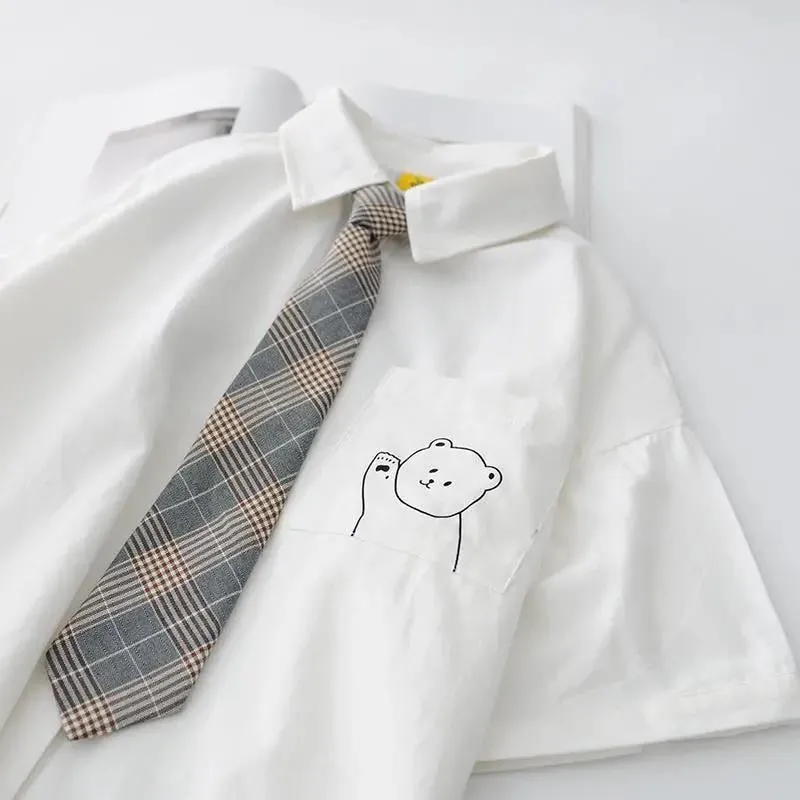 Joskaa Christmas Gift EBAIHUI Women's Blouse 2024 White Shirt with Tie Short Sleeve Print Summer Top Female Japan Preppy Style JK Uniform Blouses