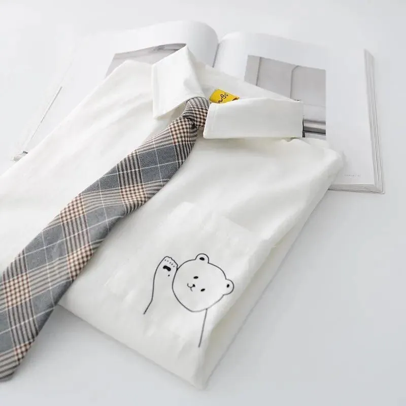 Joskaa Christmas Gift EBAIHUI Women's Blouse 2024 White Shirt with Tie Short Sleeve Print Summer Top Female Japan Preppy Style JK Uniform Blouses