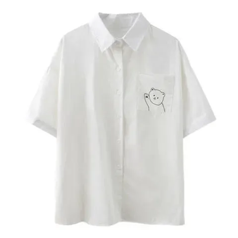 Joskaa Christmas Gift EBAIHUI Women's Blouse 2024 White Shirt with Tie Short Sleeve Print Summer Top Female Japan Preppy Style JK Uniform Blouses