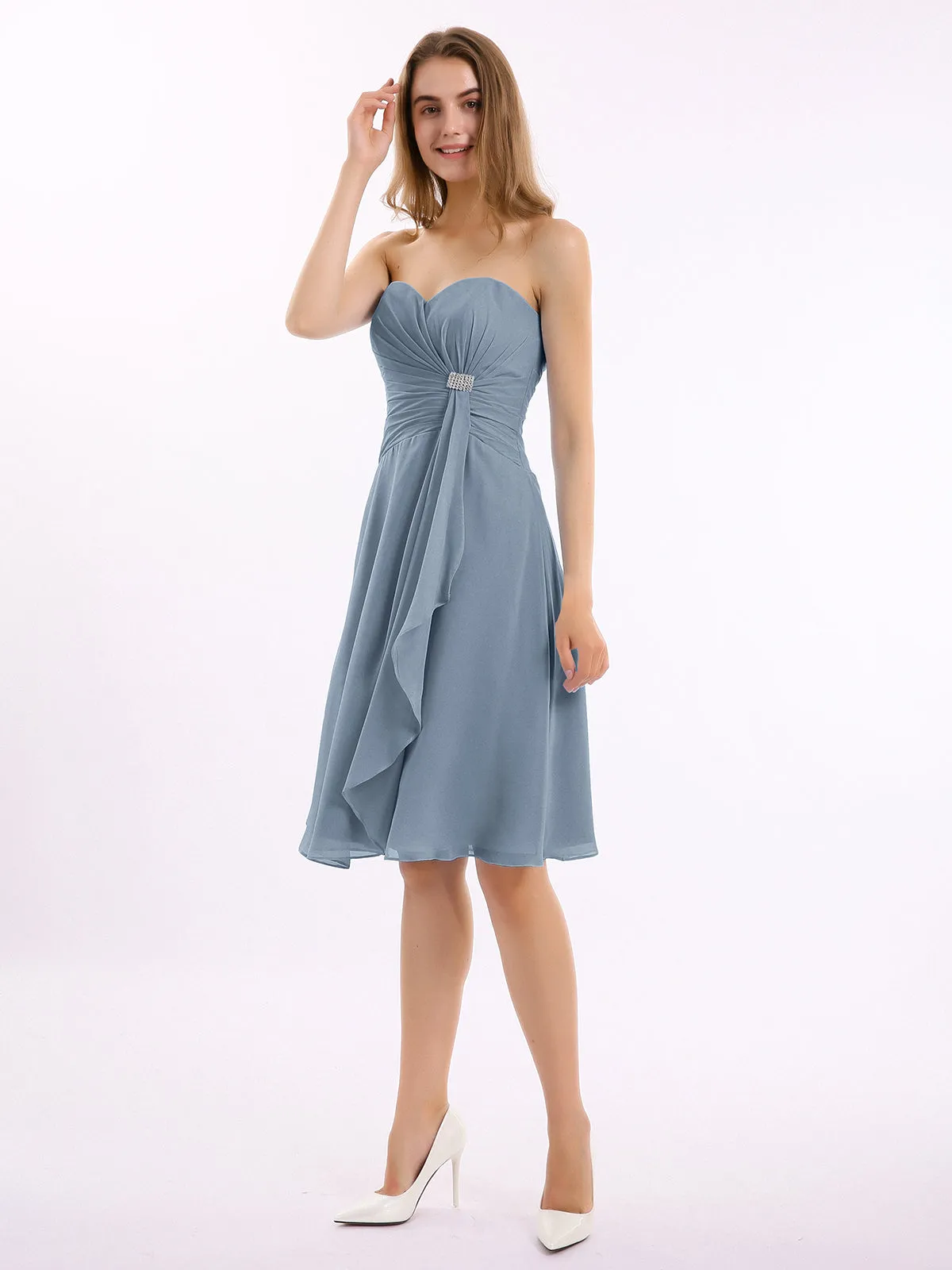 Knee Length Chiffon Dress with Sweetheart Neck-Dusty Blue Plus Size