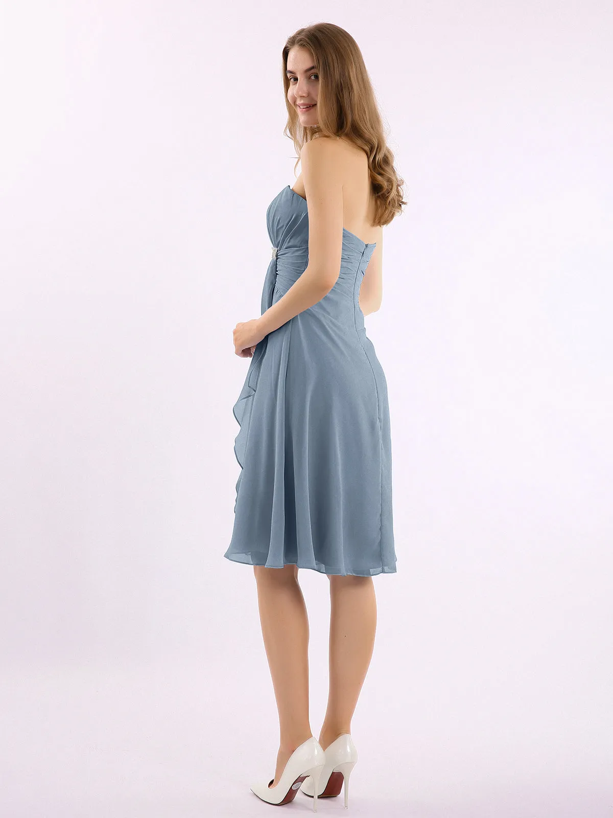 Knee Length Chiffon Dress with Sweetheart Neck-Dusty Blue Plus Size