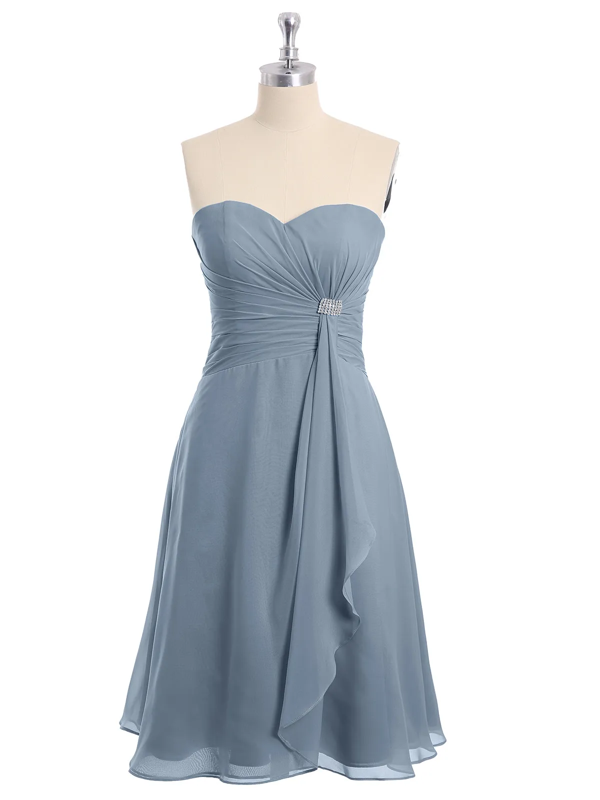 Knee Length Chiffon Dress with Sweetheart Neck-Dusty Blue Plus Size