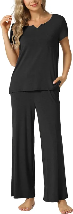 LazyCozy Womens Short Sleeve Pajama Sets - Viscose Made from Bamboo, 2 Piece Lounge Pj Set Sleepwear