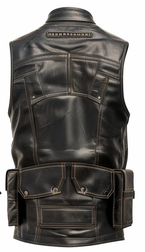 Men Rub off Military Leather Vest