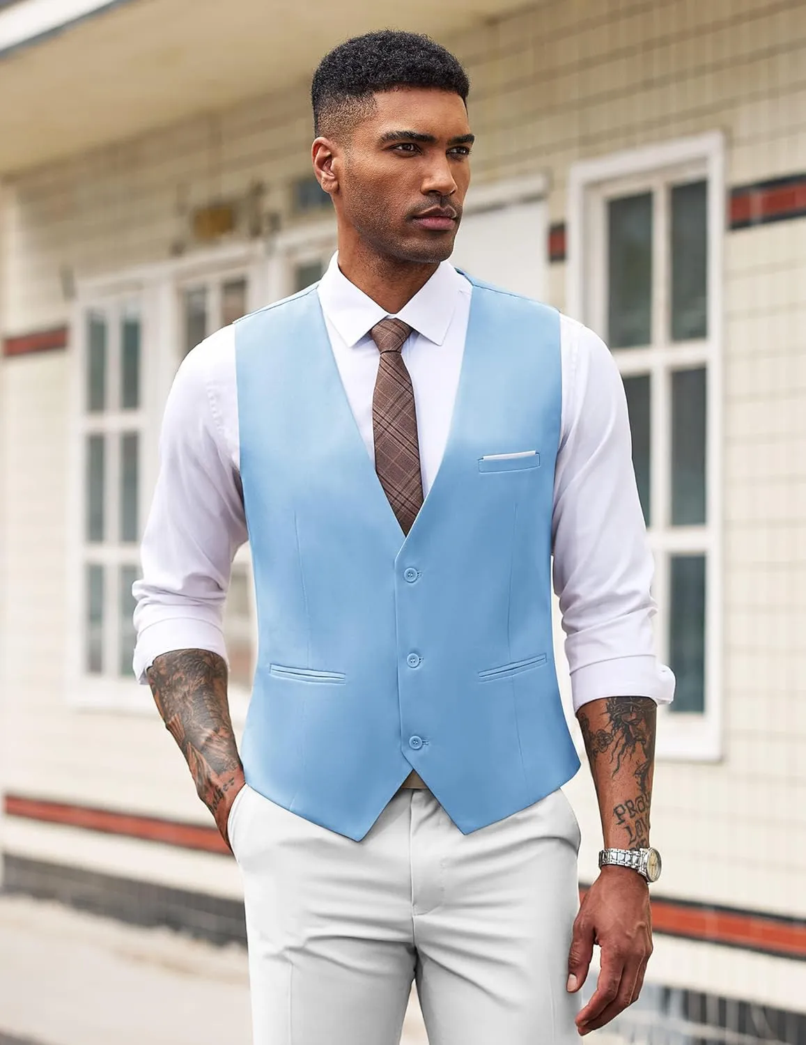 Men's Black Plaid Sleeveless Formal Slim Fit Suit Vest