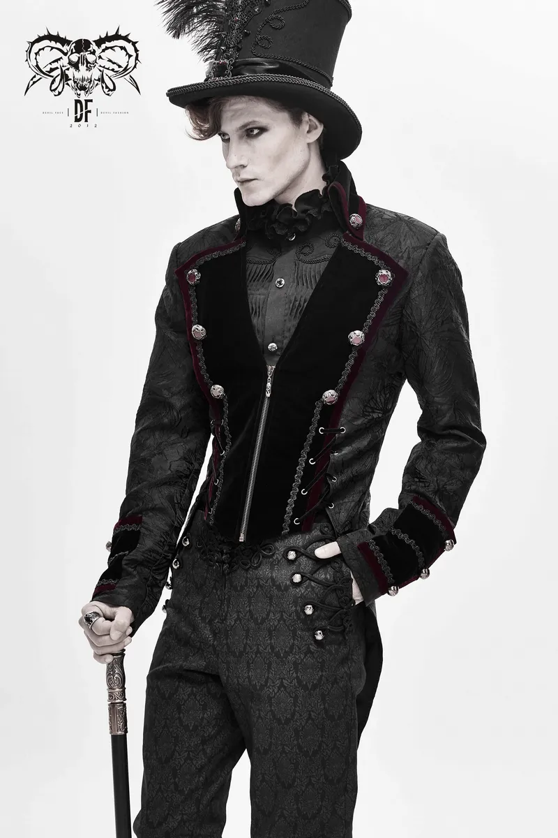 Men's Elegant Jacket with Brocade / Gothic Zipper Jacket with Lacing on the Back