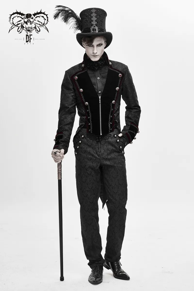 Men's Elegant Jacket with Brocade / Gothic Zipper Jacket with Lacing on the Back