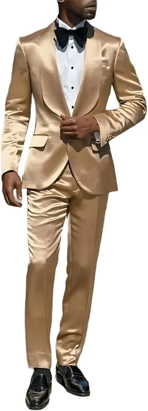 Men's Green 2-Piece Slim Fit Shiny Satin Suit Tuxedo Jacket & Pants Set for Wedding, Dinner, Prom, Party