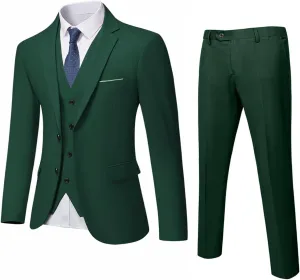 Men's Slim Fit 2 Buttons 3-Piece Suit Set, Solid Blazer Dress Business Wedding Party Homecoming Jacket Vest Pants