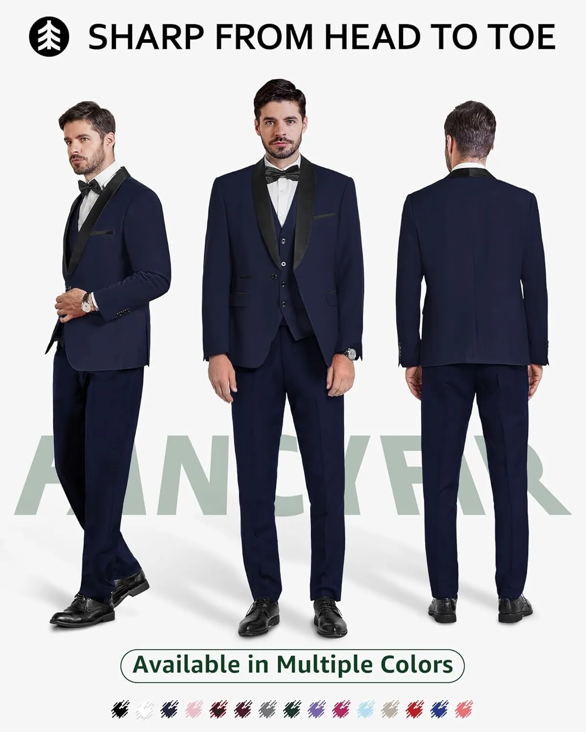 Men's Slim Fit 3-Piece Tuxedo Set, One Button Shawl Collar Jacket Vest Pants for Party, Business and Wedding