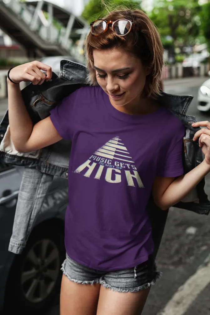Music Gets Me Way Up High Printed T-shirt for women