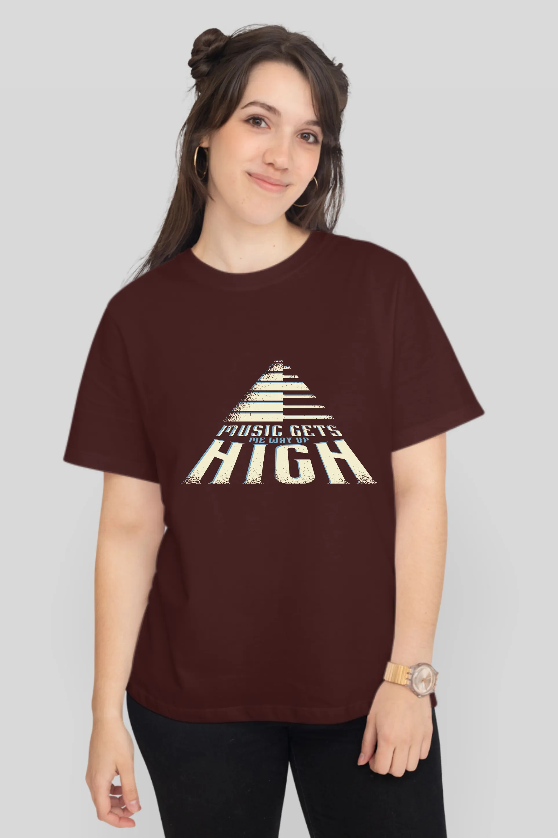 Music Gets Me Way Up High Printed T-shirt for women