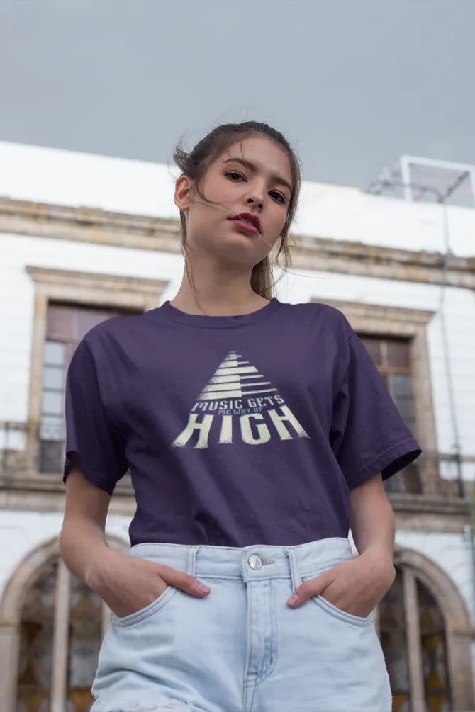 Music Gets Me Way Up High Printed T-shirt for women