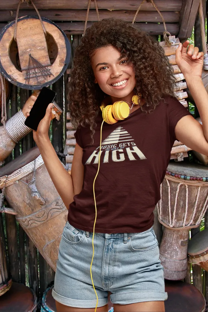 Music Gets Me Way Up High Printed T-shirt for women