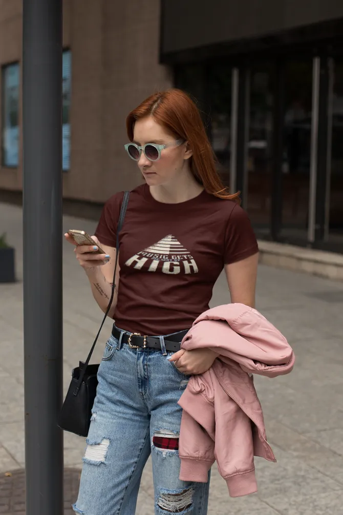 Music Gets Me Way Up High Printed T-shirt for women
