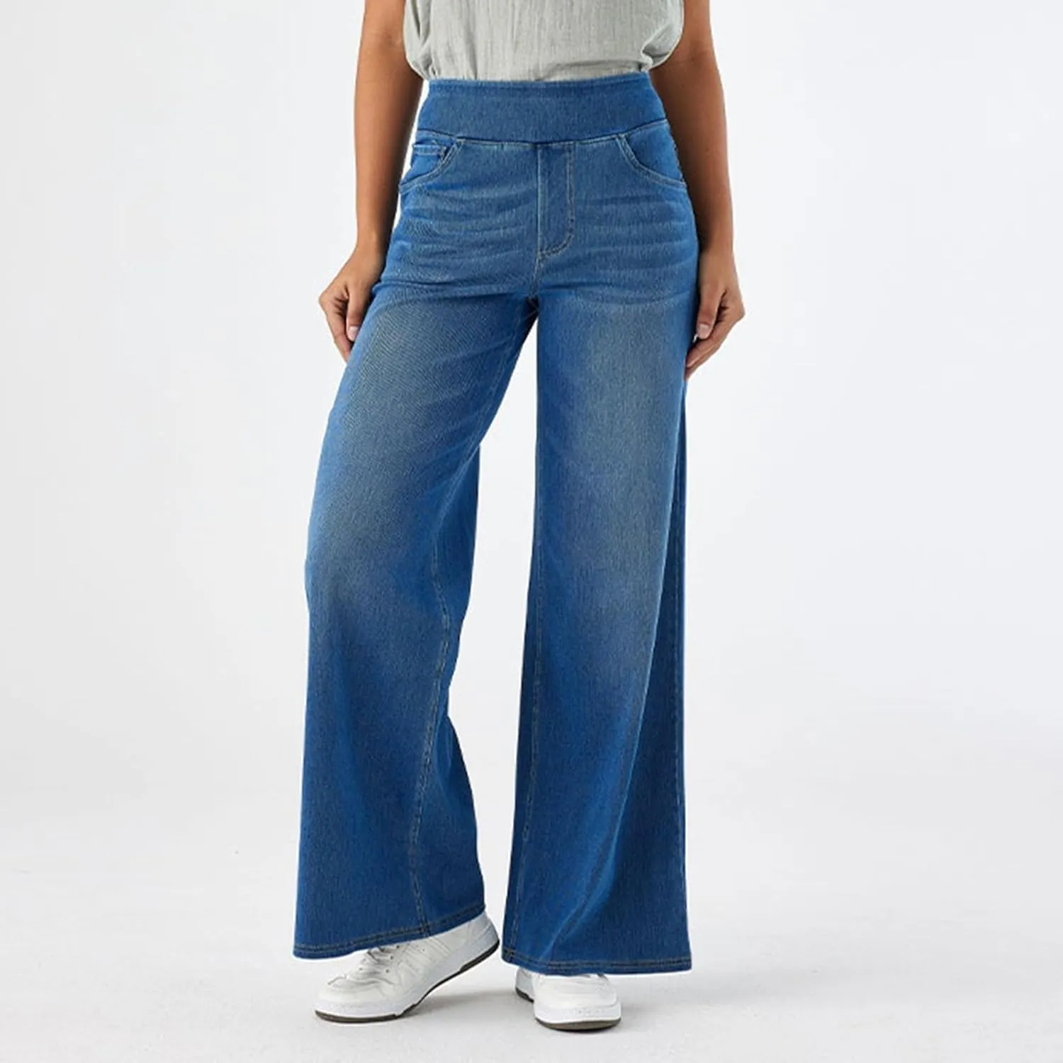 Photno Womens Elastic Waist Jeans Stretch Retro Wide Leg Loose Trousers Casual High Waisted Baggy Denim Pants with Pockets