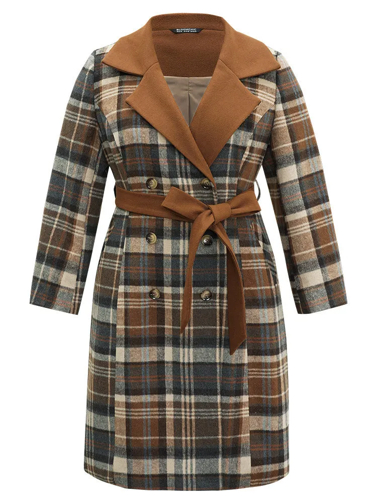 Plaid Belted Contrast Lapel Collar Trench Coat