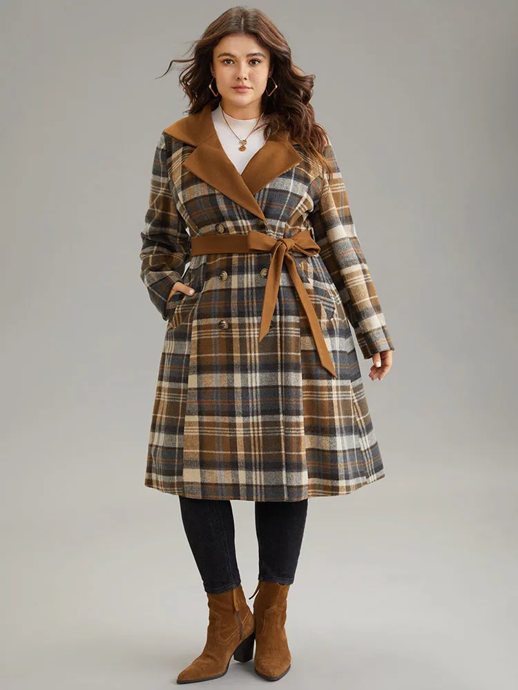 Plaid Belted Contrast Lapel Collar Trench Coat