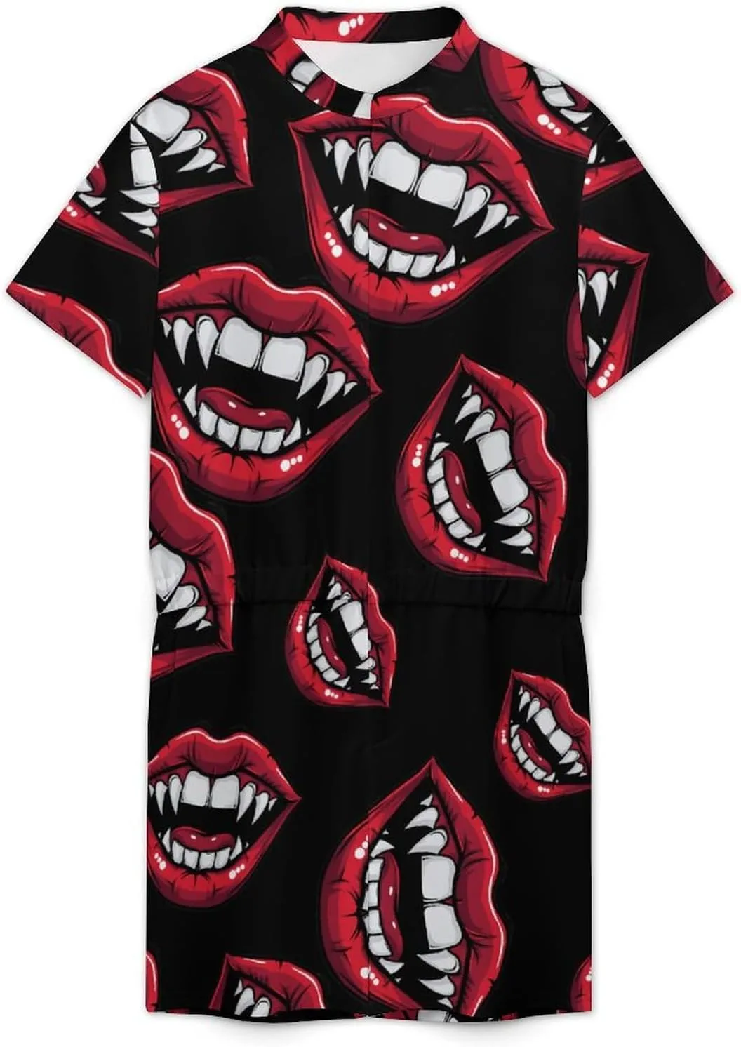 Red Clown Vampire Mouth Creepy Lips Mens Short Sleeve Rompers Printed Slim Fit One Piece Jumpsuit with Pocket