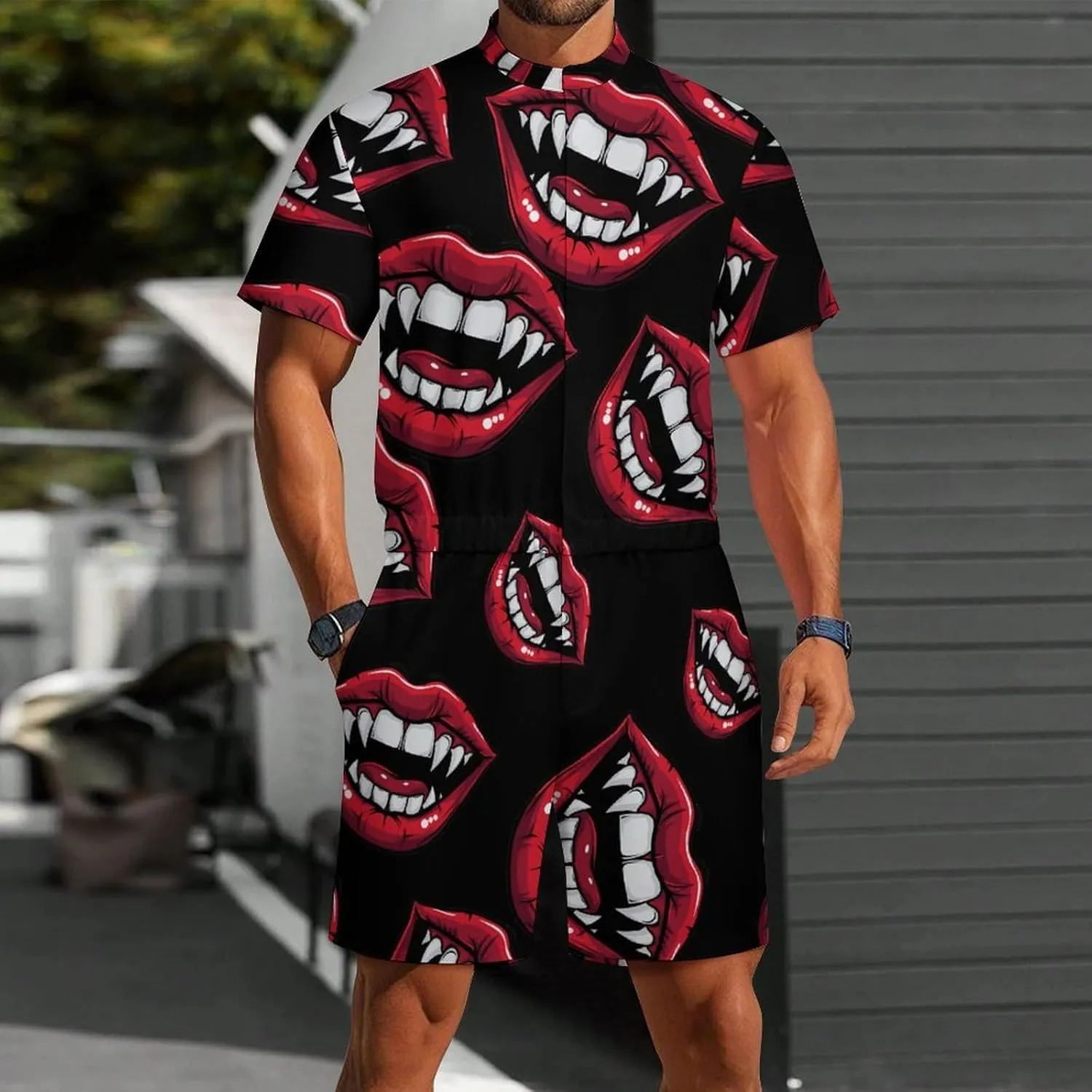 Red Clown Vampire Mouth Creepy Lips Mens Short Sleeve Rompers Printed Slim Fit One Piece Jumpsuit with Pocket