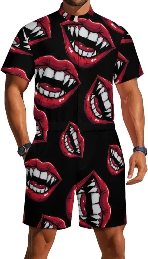 Red Clown Vampire Mouth Creepy Lips Mens Short Sleeve Rompers Printed Slim Fit One Piece Jumpsuit with Pocket